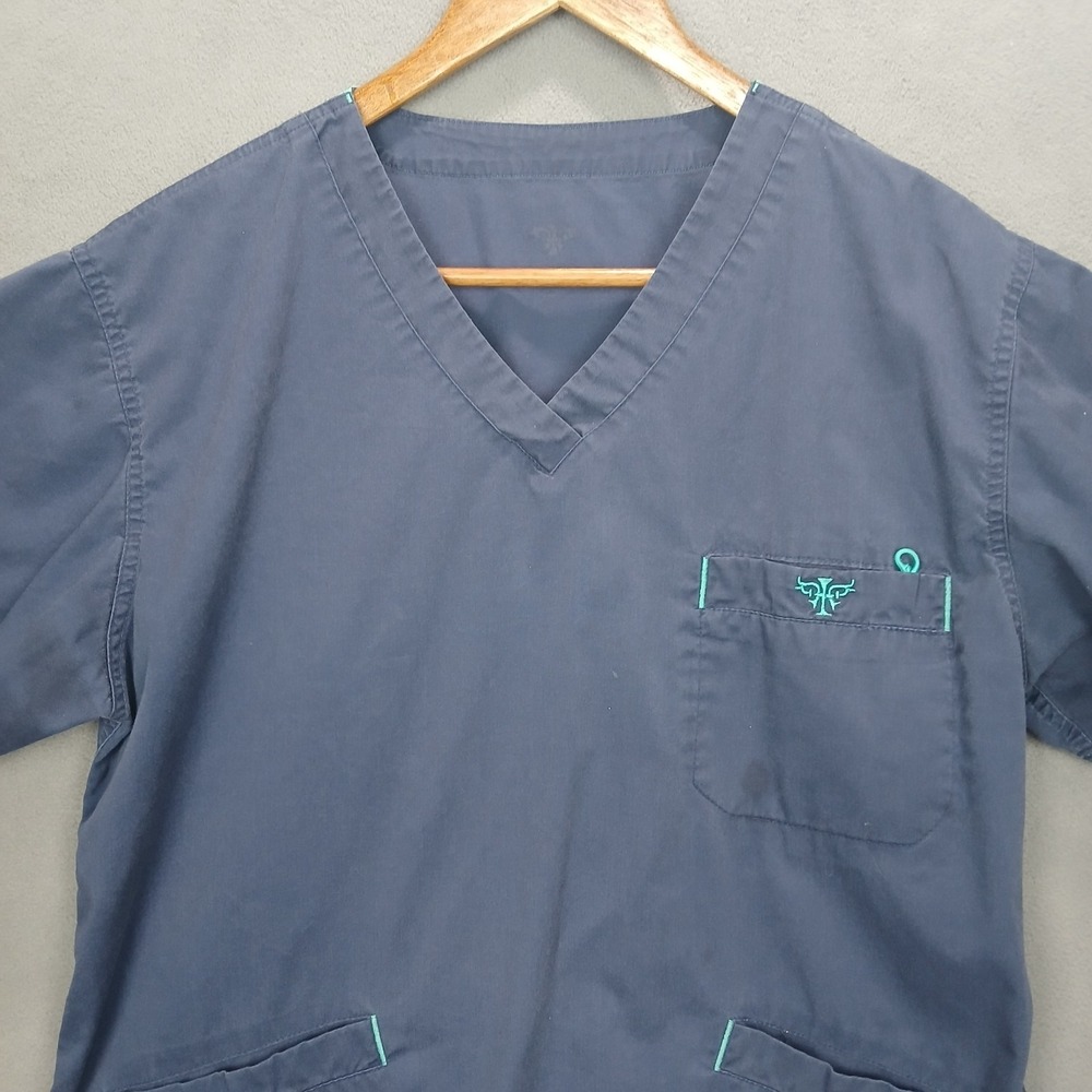 Couture Scrub Top Womens Medium Blue Cotton Embroidered Logo V Neck Medical - Picture 3 of 10